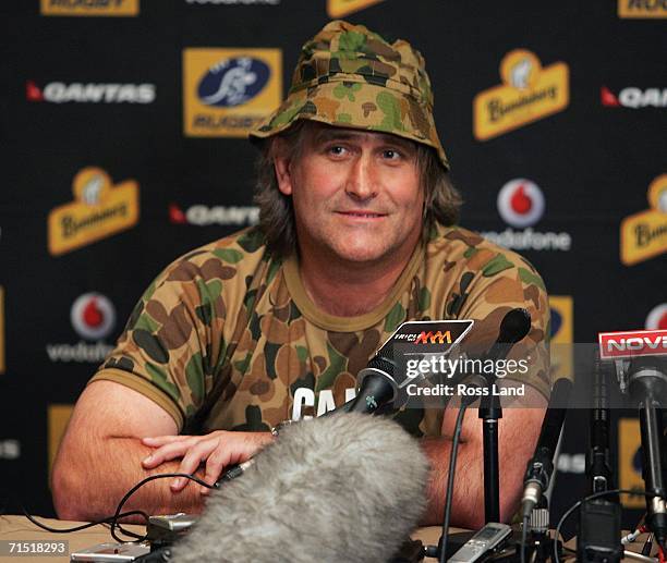 Scott Johnson, attack Coach of the Wallabies wears camoflage gear at a media session at the team hotel on July 26, 2006 in Brisbane, Australia. New...