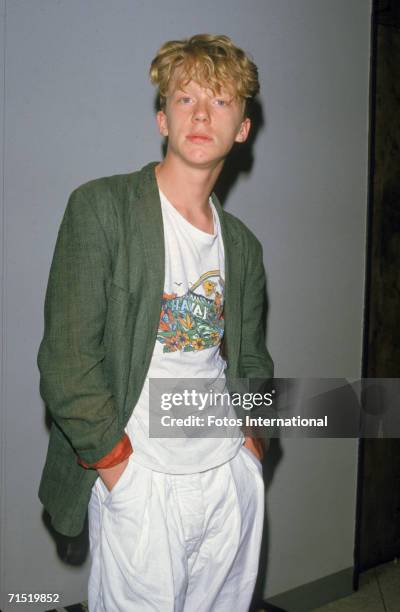 American actor Anthony Michael Hall poses for a photograph as he wears a t-shirt and a jacket with the sleeves rolled up, Hollywood, California, late...