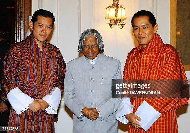 King of Bhutan, Jigme Singye Wangchuck, , Indian President A.P.J. Abdul Kalam, , and Bhutan's Crown Prince, Jigme Khesar Namgyal Wangchuck pause...