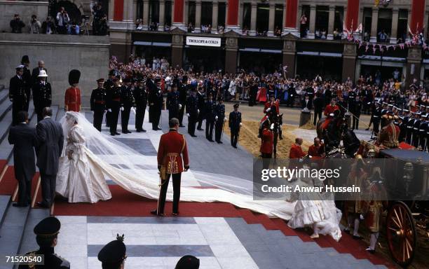 Lady Diana Spencer, wearing a wedding dress designed by David and Elizabeth Emanuel and the Spencer family Tiara, prepares to enter St. Paul's...