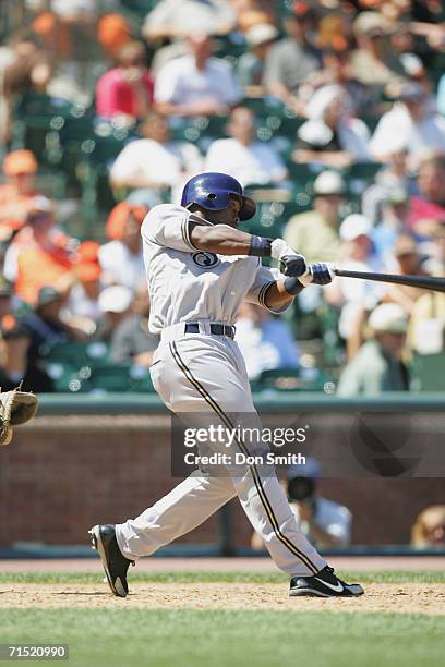 Tony Gwynn Jr. #22 of the Milwaukee Brewers gets his first Major League hit, a pinch-hit ninth-inning double during the game against the San...