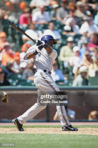 Tony Gwynn Jr. #22 of the Milwaukee Brewers gets his first Major League hit, a pinch-hit ninth-inning double during the game against the San...