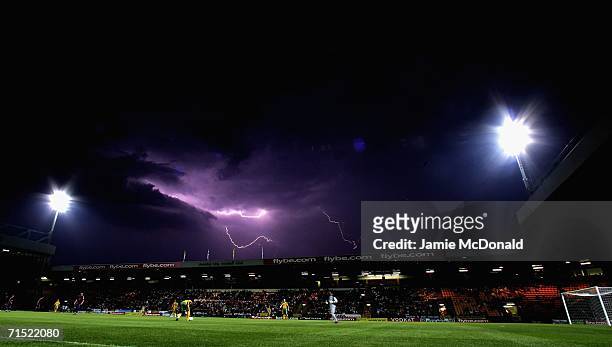 Sheet lightening is seen over Carrow Road during the pre-season friendly match between Norwich City and Newcastle United at Carrow Road on July 26,...
