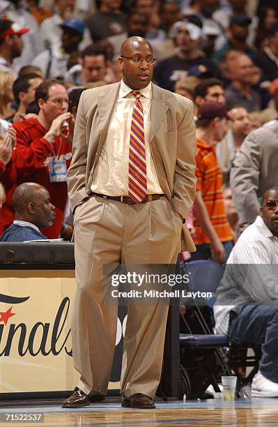 Head coach Mike Brown of the Cleveland Cavaliers watches game six of the Eastern Conference Quarterfinals against the Washington Wizards during the...