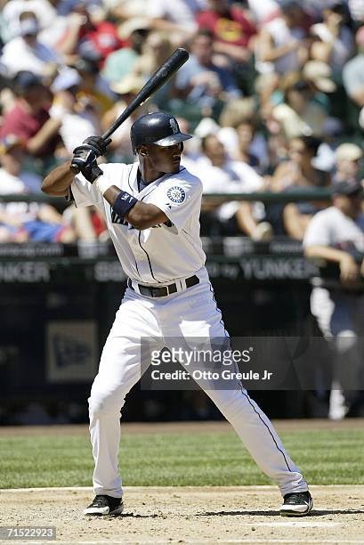 Adam Jones of the Seattle Mariners bats against the Boston Red Sox on July 23, 2006 at Safeco Field in Seattle, Washington. The Mariners defeated the...
