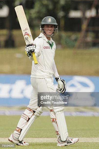 De Villiers of South Africa celebrates reaching 50 during day one of the first test match between Sri Lanka and South Africa at the SSC Stadium July...