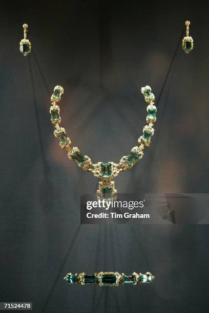 Aquamarine and diamond parure jewel set of necklace, earrings and bracelet, a coronation gift from Brazil, is displayed in a exhibition of Queen...
