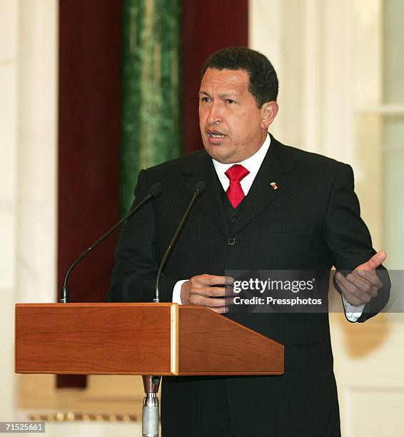 Venezuelan President Hugo Chavez speaks at a press conference on July 27, 2006 in Moscow, Russia. The Venezuelan President hailed Russia for defying...