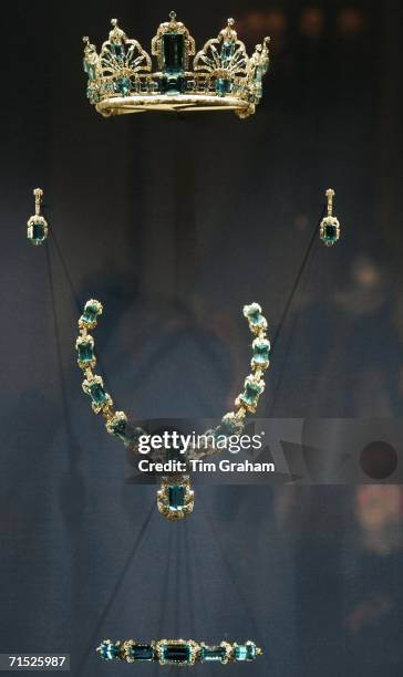 Aquamarine and diamond parure jewel set of tiara, necklace, earrings and bracelet, a coronation gift from Brazil, displayed in a exhibition of Queen...