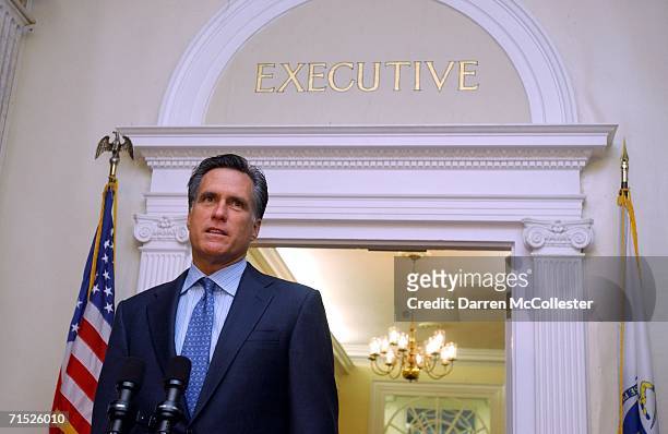 Massachusetts Governor Mitt Romney speaks to reporters in front of his office at the Statehouse July 27, 2006 in Boston, Massachusetts. Romney spoke...