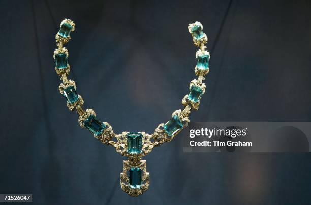 Aquamarine and diamond necklace, a coronation gift from Brazil, displayed in a exhibition of Queen Elizabeth II's dresses and jewels in the State...