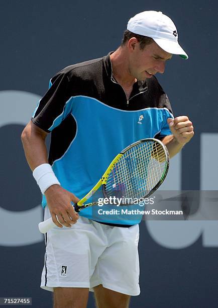 Dominik Hrbaty of Slovakia celebrates match point against Lars Burgsmuller of Germany during the Countrywide Classic on July 27, 2006 in Straus...