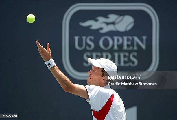 Lars Burgsmuller of Germany tosses up a serve to Dominik Hrbaty of Slovakia during the Countrywide Classic on July 27, 2006 in Straus Stadium at the...