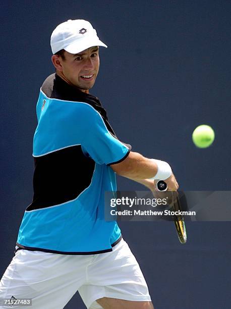 Dominik Hrbaty of Slovakia eyes a backhand to Lars Burgsmuller of Germany during the Countrywide Classic on July 27, 2006 in Straus Stadium at the...