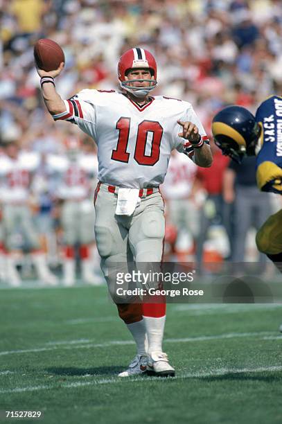 Quarterback Steve Bartkowski of the Atlanta Falcons throws a pass during a game against the Los Angeles Rams at Anaheim Stadium on October 16, 1983...