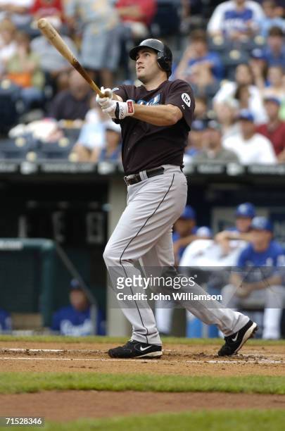 Infielder Troy Glaus of the Toronto Blue Jays bats during the game against the Kansas City Royals at Kauffman Stadium on July 9, 2006 in Kansas City,...