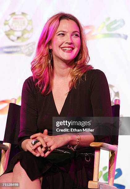 Actress Drew Barrymore smiles during a news conference to promote her upcoming poker-themed movie "Lucky You" at the 2006 World Series of Poker at...