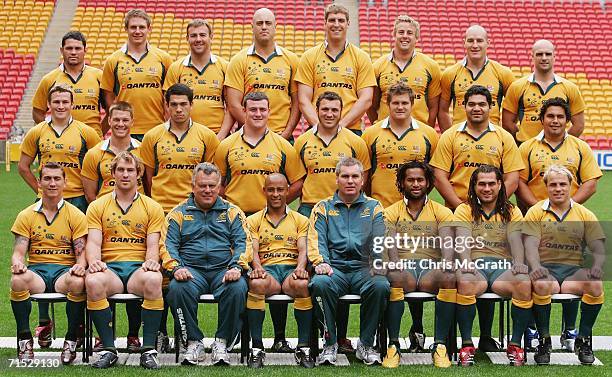 Wallabies players pose for a team photo during the Australian Wallabies Captain's Run held at Suncorp Stadium July 28, 2006 in Brisbane, Australia.