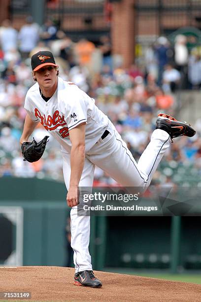 Pitcher Adam Loewen, of the Baltimore Orioles, follows through on a pitch during a game on June 3, 2006 against the New York Yankees at Camden Yards...