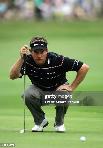 Lee Westwood of England lines up his putt on the 18th hole during the second round of The Deutsche Bank Players Championship of Europe at Gut Kaden...