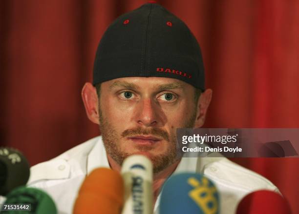 Floyd Landis, US cyclist and 2006 winner of the Tour de France race, holds a press conference in a Madrid hotel on July 28, 2006 in Madrid, Spain.