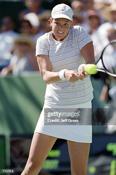 Lindsay Davenport of France hits a backhand shot during the game against Anne Gaelle-Sidot of the USA during the Estyle.com Classic at the Manhattan...