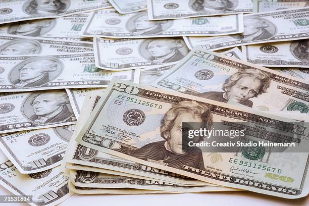 us dollar notes, elevated view, close-up - 20 dollars stock pictures, royalty-free photos & images