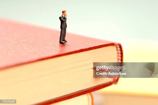 figurine of man kept on book, close-up - figurine ストックフォトと画像