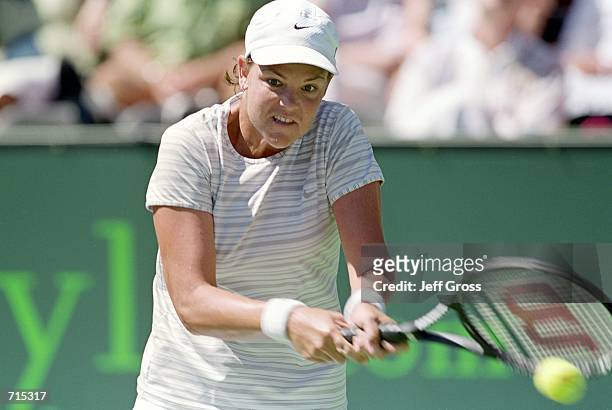 Lindsay Davenport of France hits a backhand shot during the game against Anne Gaelle-Sidot of the USA during the Estyle.com Classic at the Manhattan...