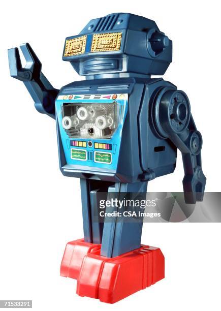plastic toy robot - artificial intelligence white background stock-fotos und bilder