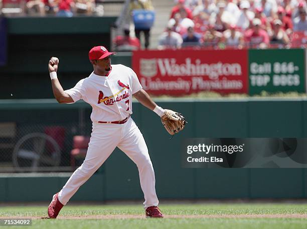 Hector Luna of the St. Louis Cardinals throws the ball during the game against the Los Angeles Dodgers on July 15, 2006 at Busch Stadium in St....