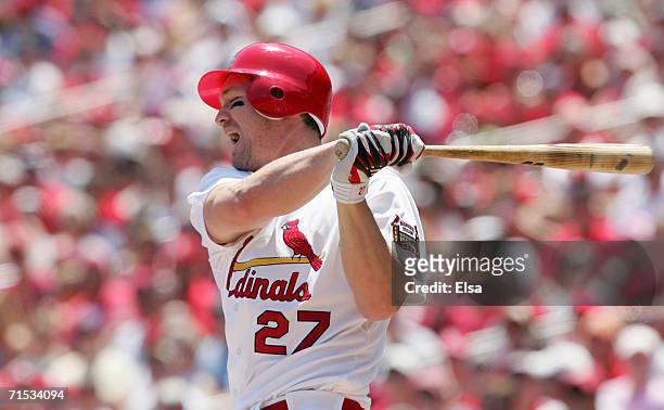 Scott Rolen of the St. Louis Cardinals swings at the pitch during the game against the Los Angeles Dodgers on July 15, 2006 at Busch Stadium in St....