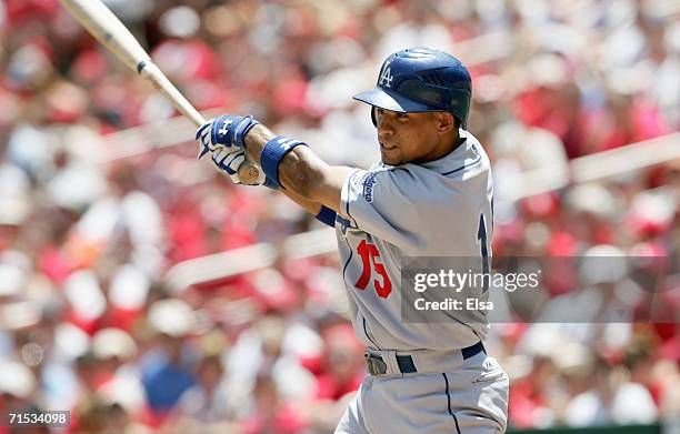 Rafael Furcal#15 of the Los Angeles Dodgers swings at the pitch during the game against the St. Louis Cardinals on July 15,2006 at Busch Stadium in...