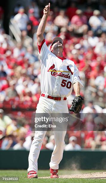 Pitcher Adam Wainwright of the St. Louis Cardinals celebrates on the field during the game against the Los Angeles Dodgers on July 15, 2006 at Busch...