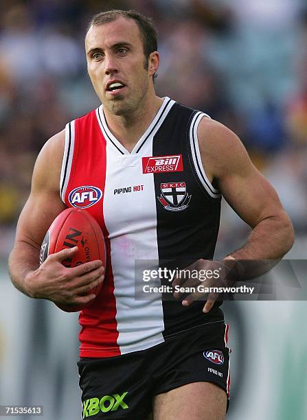 Fraser Gehrig for St Kilda holds the ball during the round 17 AFL match between the St Kilda Saints and the Richmond Tigers at the Melbourne Cricket...