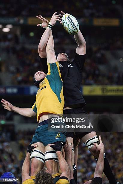 Dan Vickerman of the Wallabies and Ali Williams of the All Blacks contest the ball in the lineout during the Tri Nations series Bledisloe Cup match...
