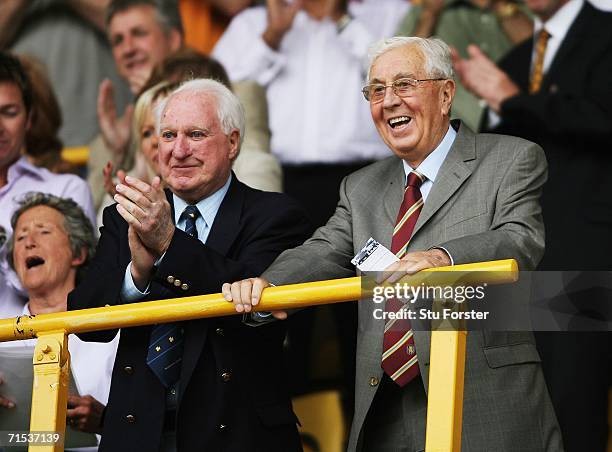 Aston Villa chairman Doug Ellis with Wolves President Sir Jack Haywood watch the teams come out during the Pre-season friendly match between...