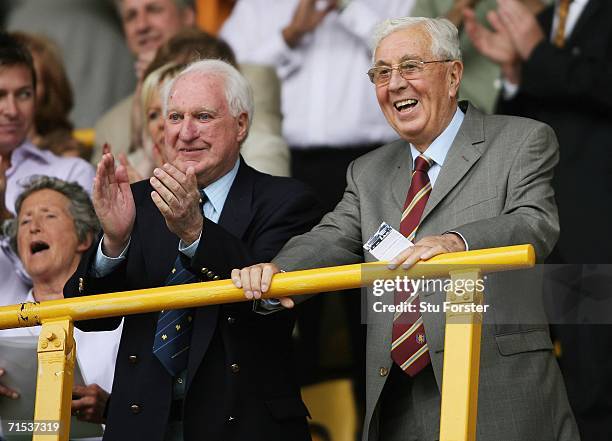 Aston Villa chairman Doug Ellis with Wolves President Sir Jack Haywood watch the teams come out during the Pre-season friendly match between...