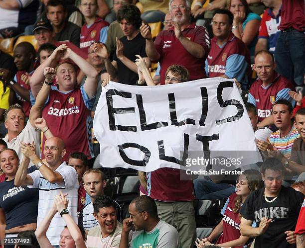 Aston Villa fans show their protest at chairman Doug Ellis during the Pre-season friendly match between Wolverhampton Wanderers and Aston Villa at...