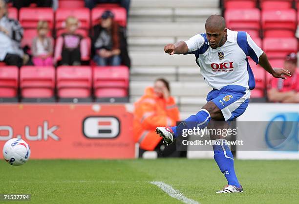 Glen Johnson of Portsmouth fires in his team's second during the pre-season friendly match between AFC Bournemouth and Portsmouth at Dean's Court on...