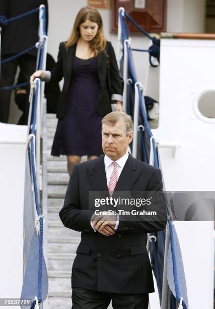 Prince Andrew, the Duke of York and Princess Eugenie leave the ship at Stornoway after a holiday cruise around the Western Isles with other Royals on...