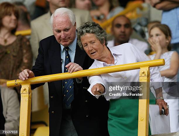 Wolves President Sir Jack Haywood and director Rachael Heyhoe-Flint watch the teams come out during the Pre-season friendly match between...