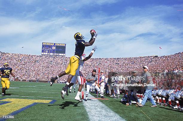 David Terrell of the Michigan Wolverines leaps to catch the ball against Jamar Fletcher of the Wisconsin Badgers during the game at the Michigan...