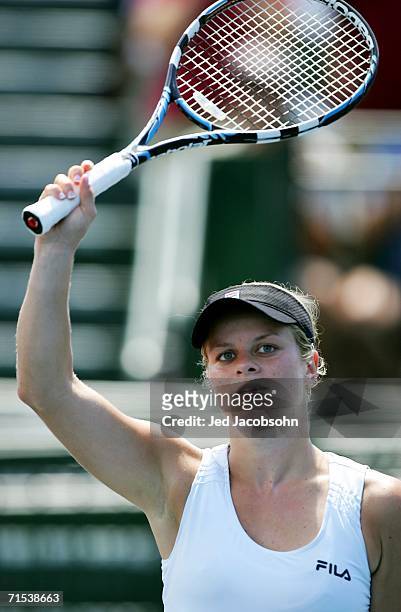 Kim Clijsters of Belgium celebrates after defeating Nicole Vaidisova of the Czech Republic during the Semifinals of the Bank of the West Classic...