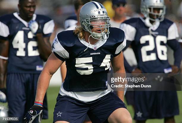 Linebacker Bobby Carpenter of the Dallas Cowboys runs drills during the first day of training camp for the Cowboys on July 29, 2006 at the River...