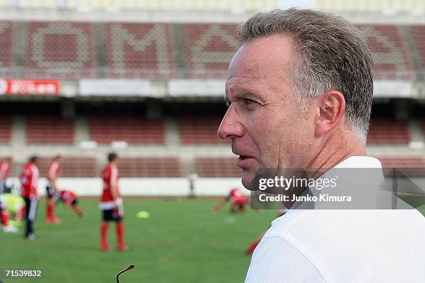 Karl-Heinz Rummenigge, CEO of FC Bayern Munich watches players on their Japan tour on July 30, 2006 in Urasa, Saitama Prefecture, Japan. Bayern...