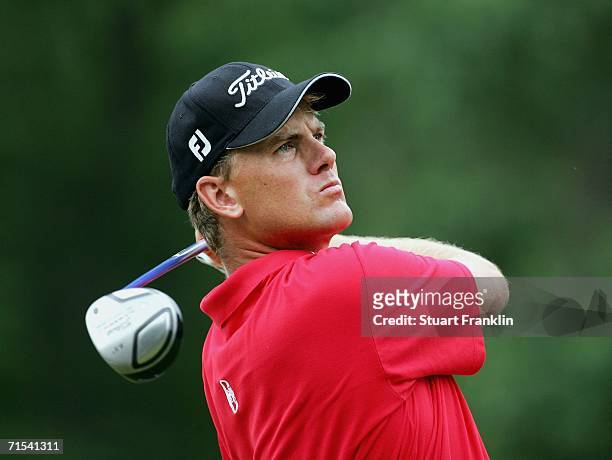 Robert Karlsson of Sweden plays his tee shot on the 11th hole during the final round of The Deutsche Bank Players Championship of Europe at Gut Kaden...