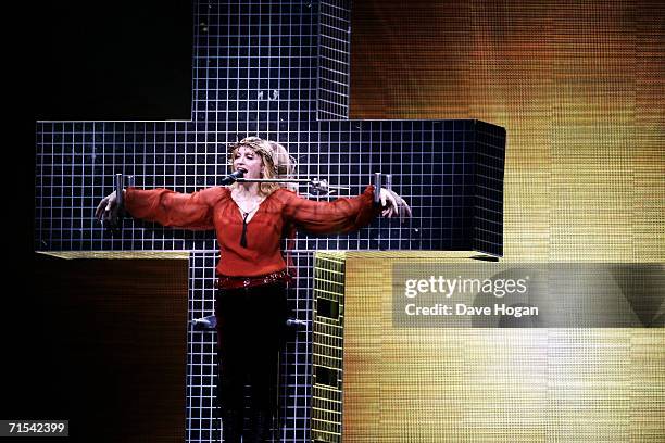 Madonna performs on stage at the first UK concert of her World Tour promoting her 'Confessions On A Dancefloor' album at Millennium Stadium on July...