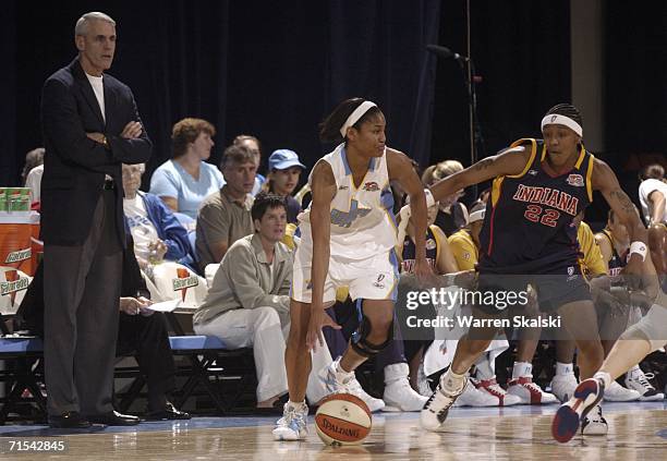 Head Coach Brian Winters of the Indiana Fever watches as Chelsea Newton of the Chicagio Sky gets defended by La'Tangela Atkinson of the Indiana Fever...