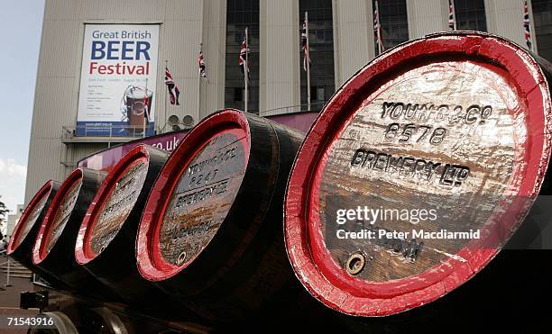 Traditional barrels of beers are displayed outside the Great British Beer Festival on July 31, 2006 in London. The Great British Beer Festival will...